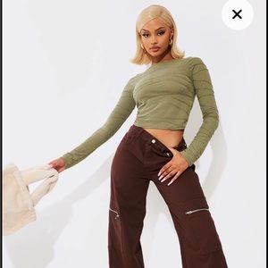 Khaki textured slash long sleeve top, US 6, brand new, tag attached, never worn